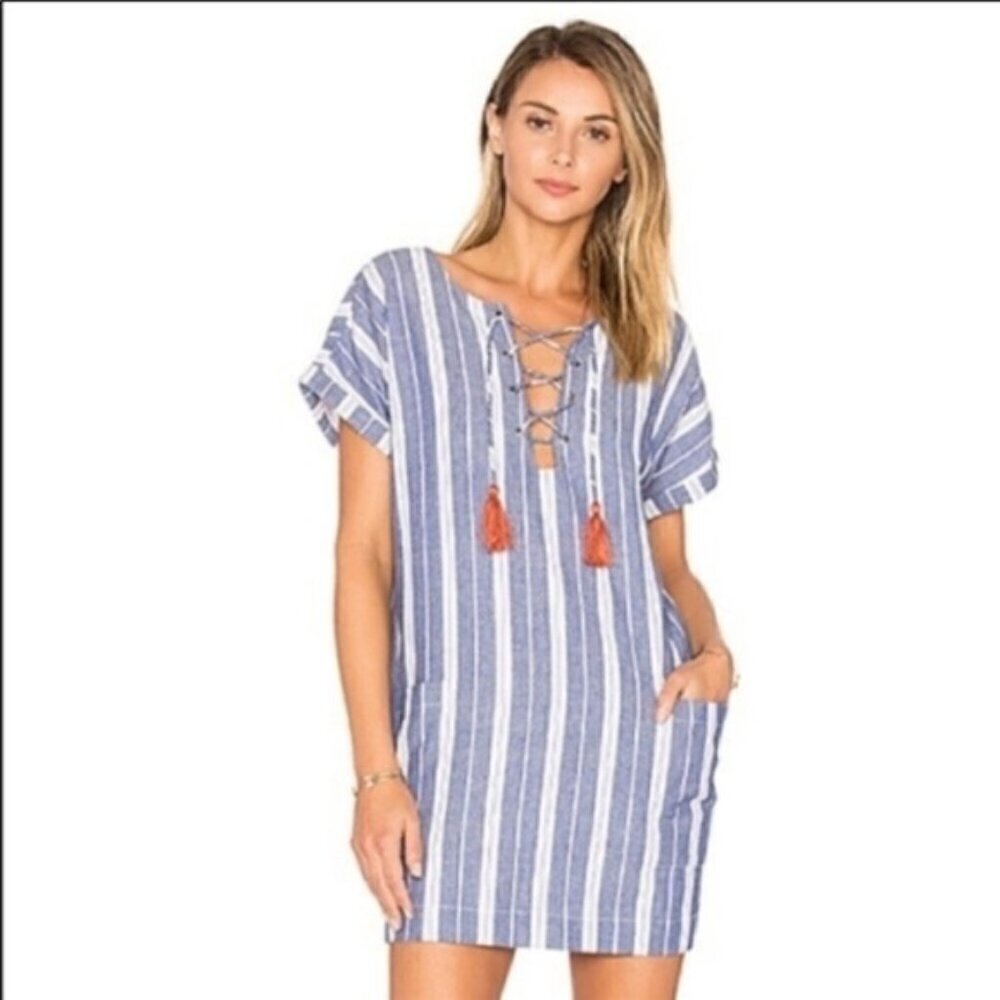 Tularosa Warren striped mini dress cotton lace-up tassels blue white cotton S